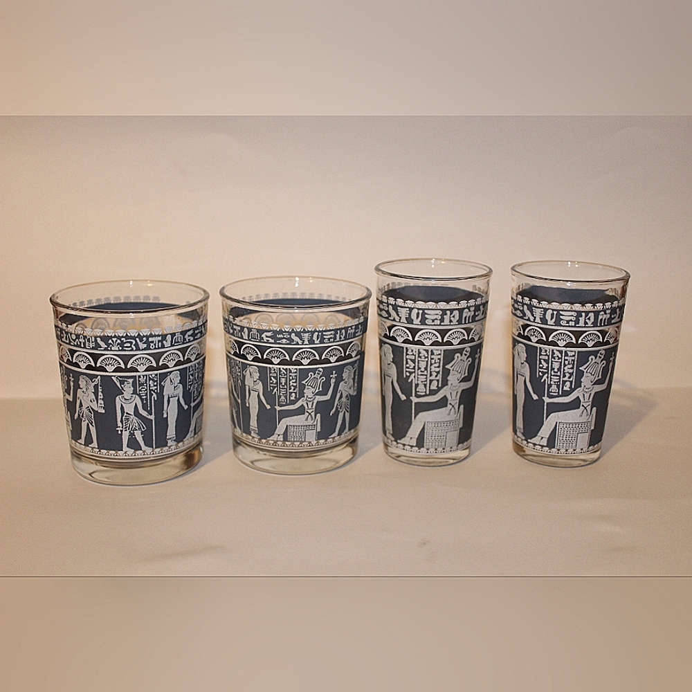 Vintage Hazel Atlas wedgewood blue Egyptian short glasses (2) juice glasses (2)